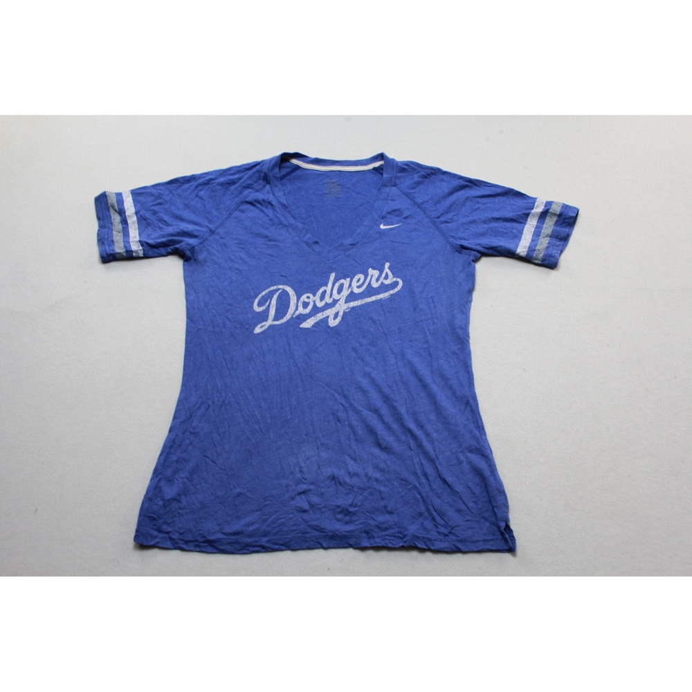 Nike Dodgers T-Shirt Womens Medium Blue Fair V-Neck Raglan Distressed Logo